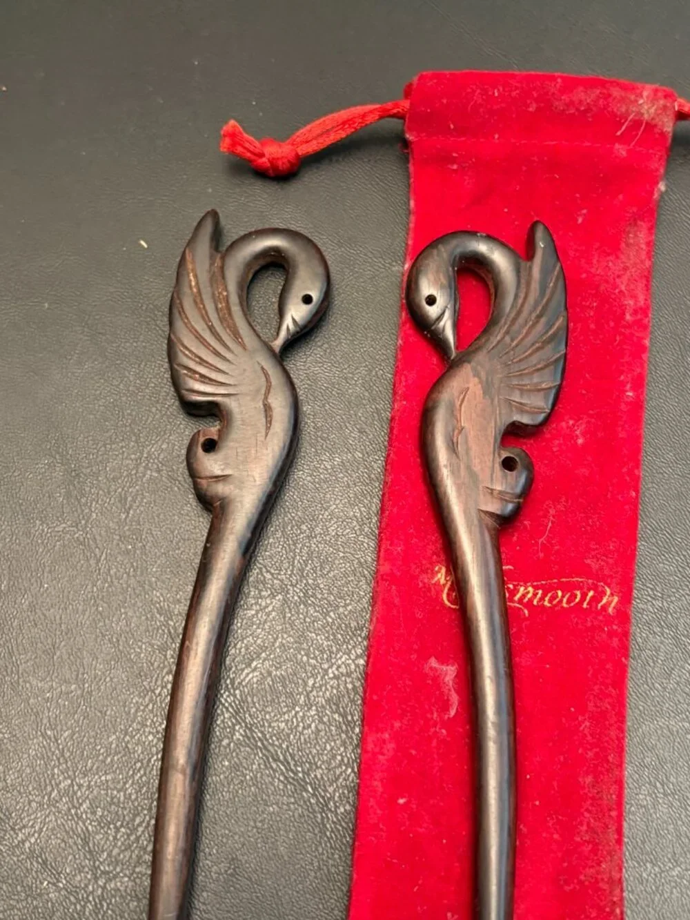 Pair Carved Dark Wood Swan Hair Sticks 7